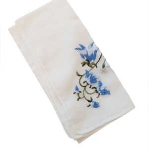 HANKERCHIEF Embroidered Bluebell Flower Colorful Vintage 10x10 Cotton Blue Green